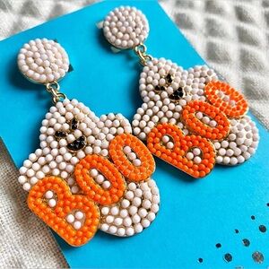 New Spooky Halloween Orange Boo Ghost Faux Pearl Beaded Statement Earrings